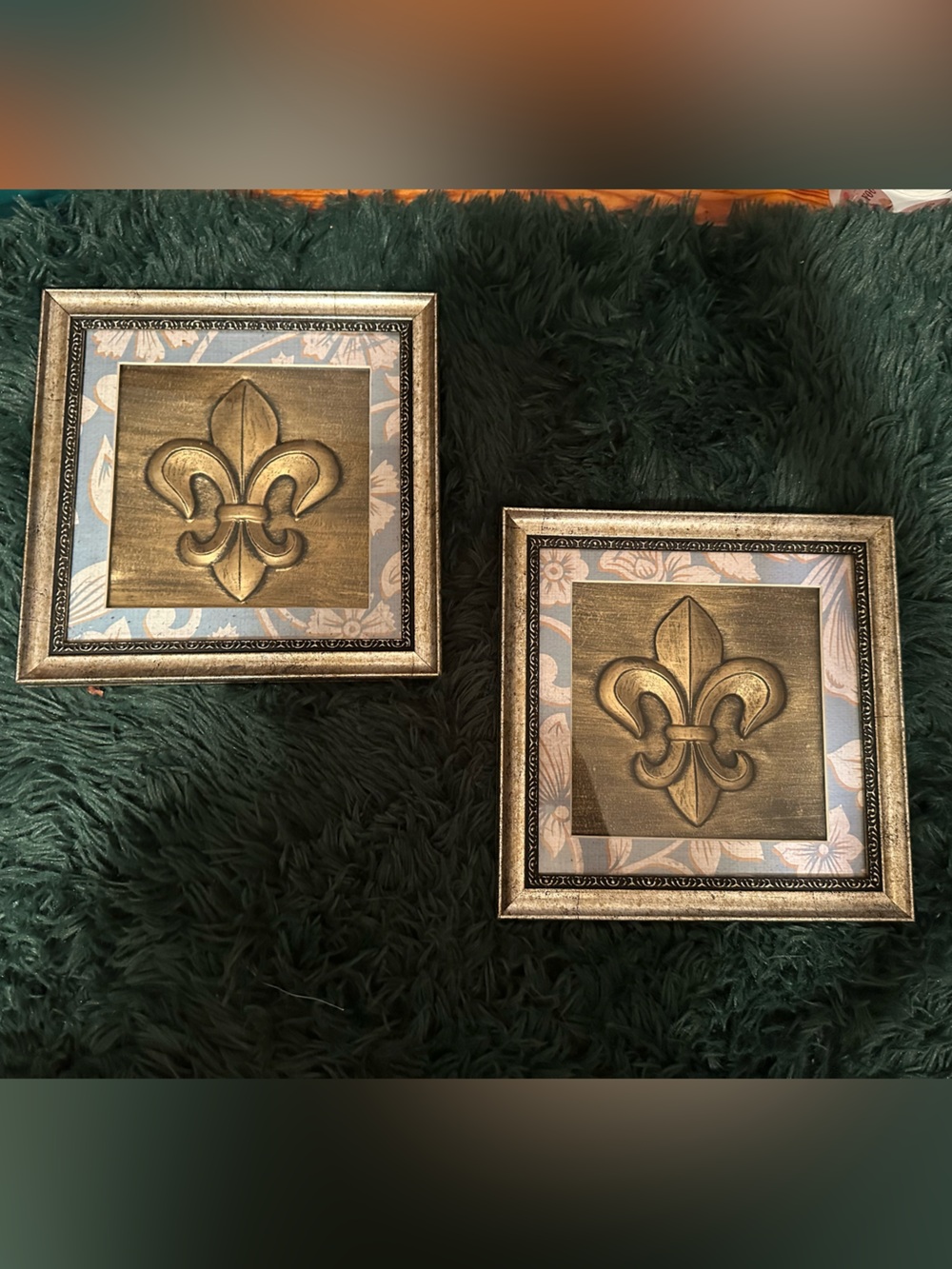 Set of 2 Fleur de Lis Framed Wall Plaques 10x10 French Country